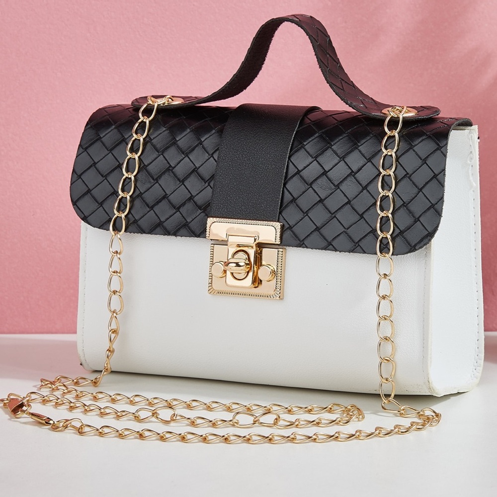 Black White Colorblock Braided Turn Lock Chain Bag - Picture 2 of 5